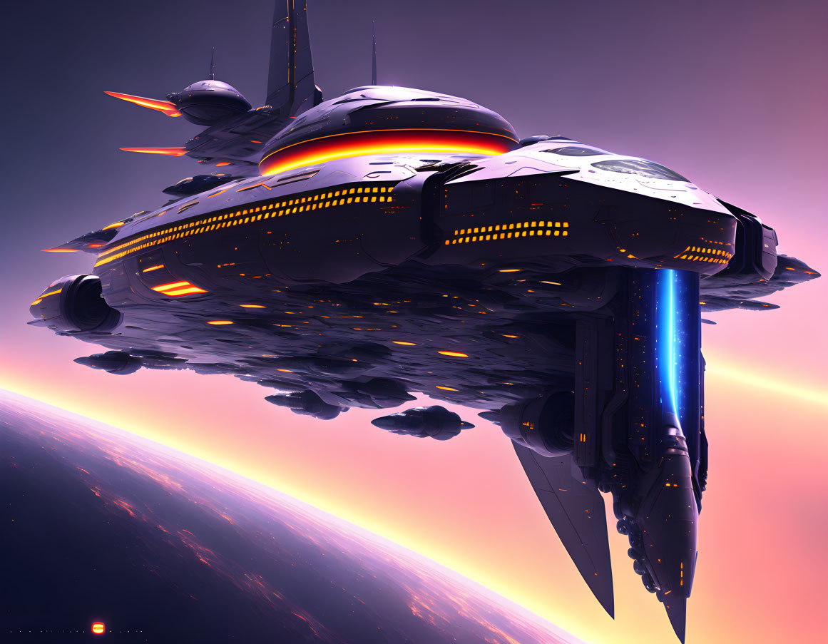 Futuristic spaceship hovering over planet at sunset