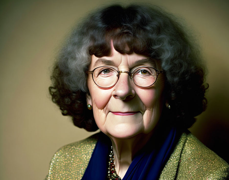 Gray-haired elderly woman in round glasses with blue scarf smiling gently