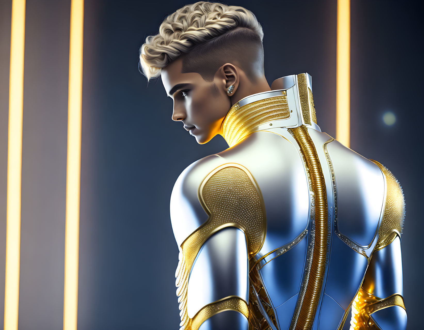 Profile view of person with modern undercut hairstyle in futuristic suit with gold accents on dark backdrop.