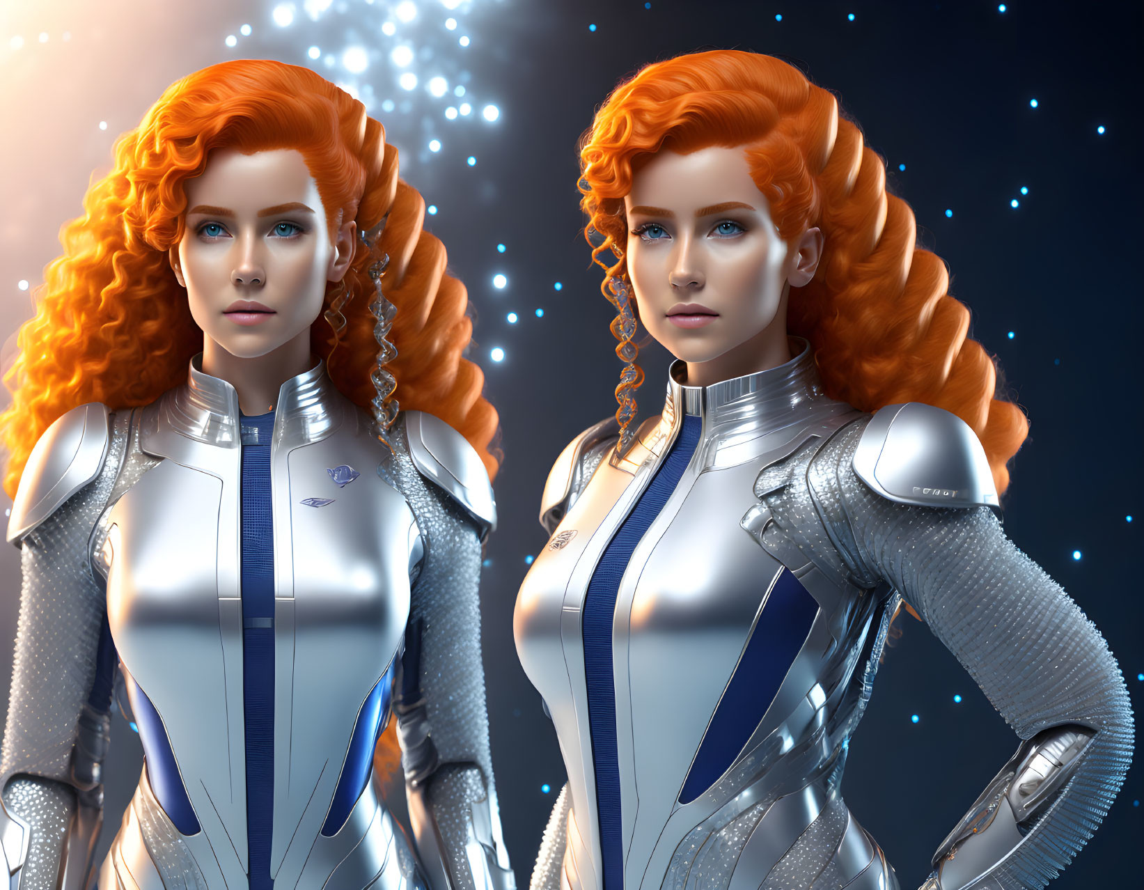 Identical Female Figures in Futuristic Silver Armor with Red Hair