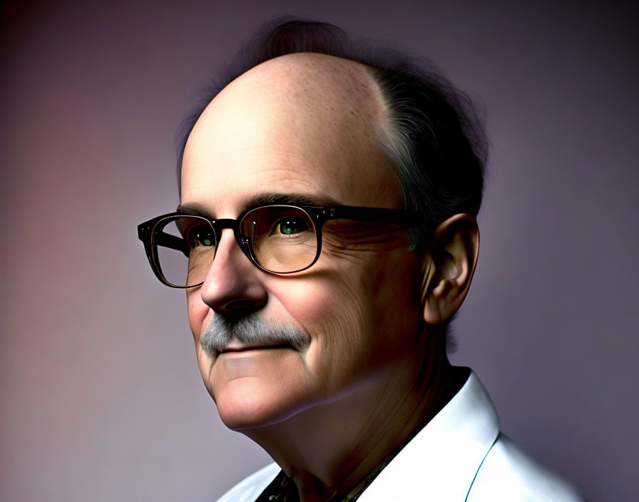 Mature male portrait with glasses, mustache, and white shirt