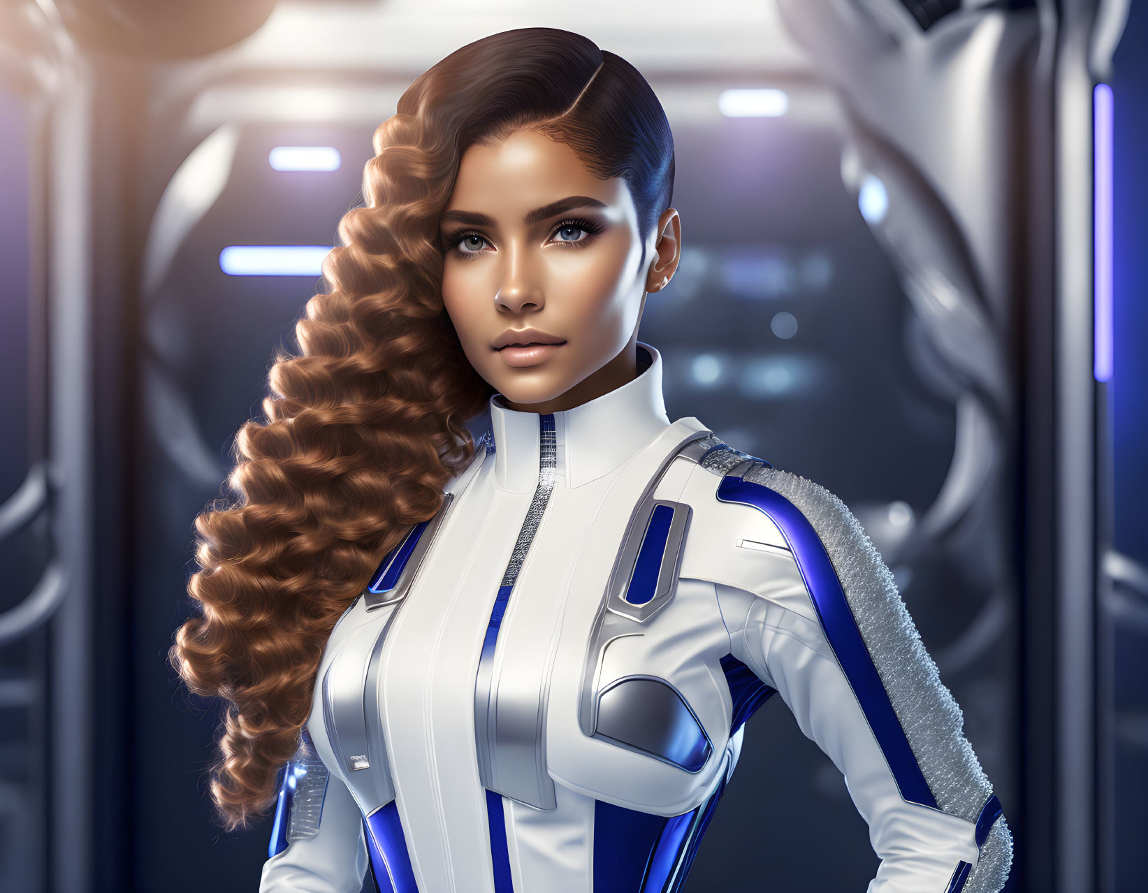 Digital illustration: Woman with curly hair in futuristic suit.