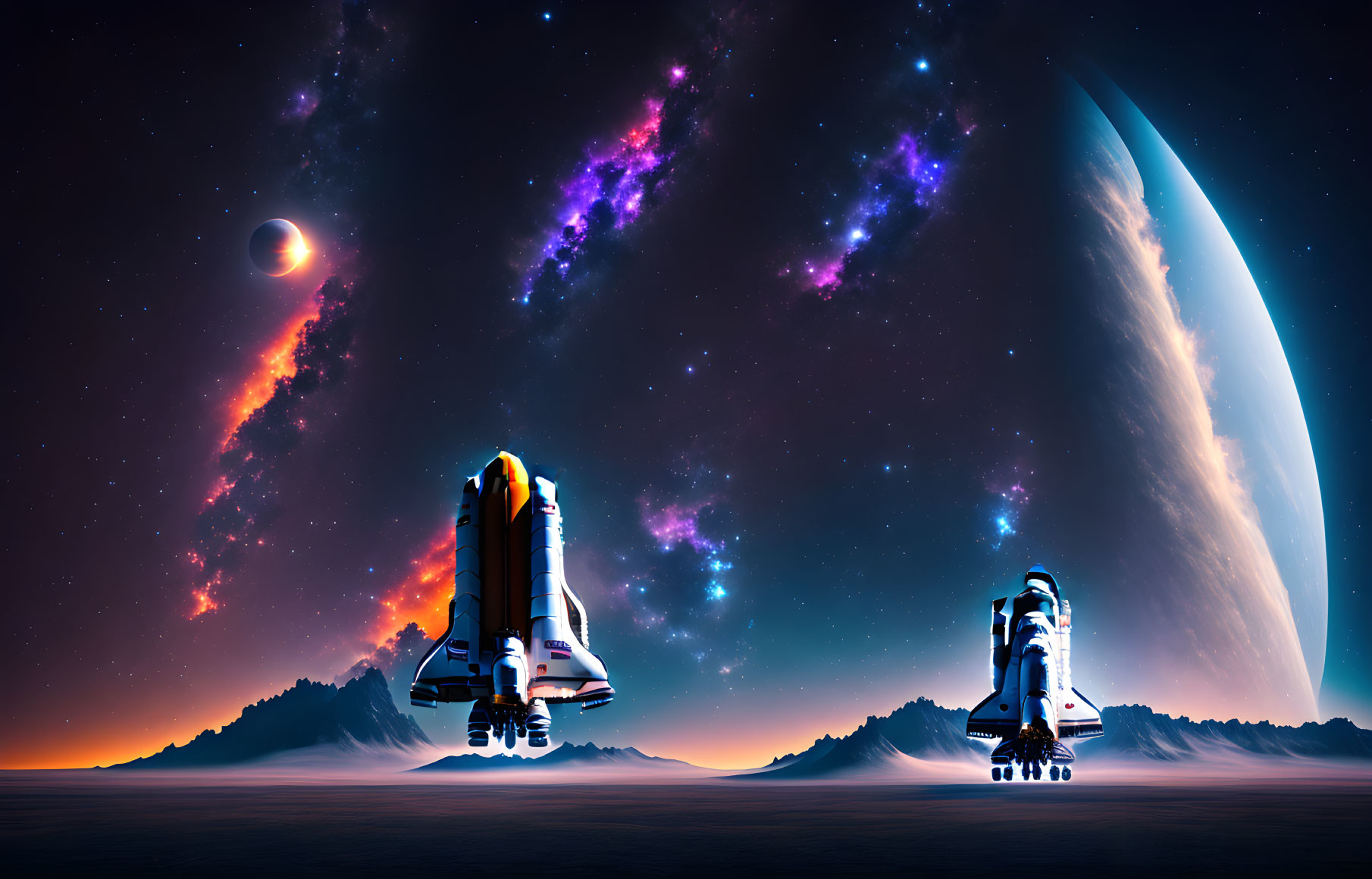 Dual space shuttles launch from alien planet with cosmic scenery