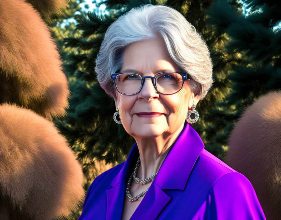 Elderly woman with white hair and glasses in purple blazer smiling outdoors