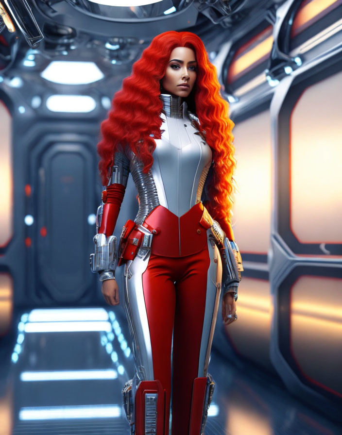 Vibrant red-haired woman in futuristic white and red suit on spaceship corridor