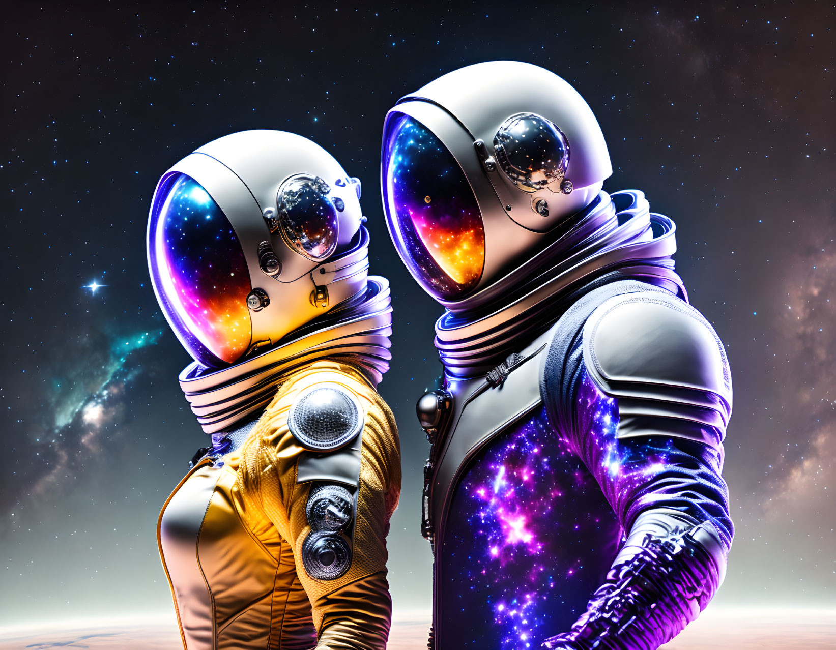 Astronauts in space suits with cosmic backdrop and reflections.