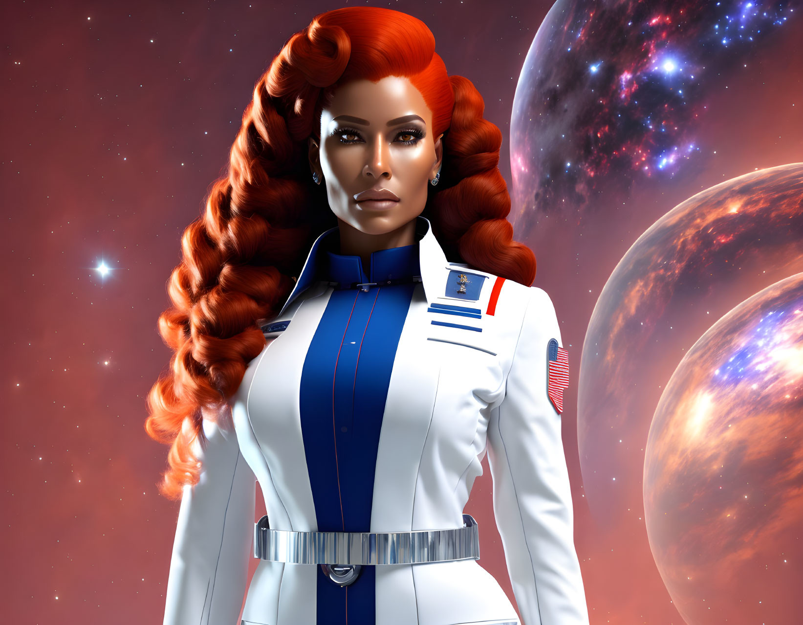 Futuristic 3D illustration of woman with red hair in cosmic setting