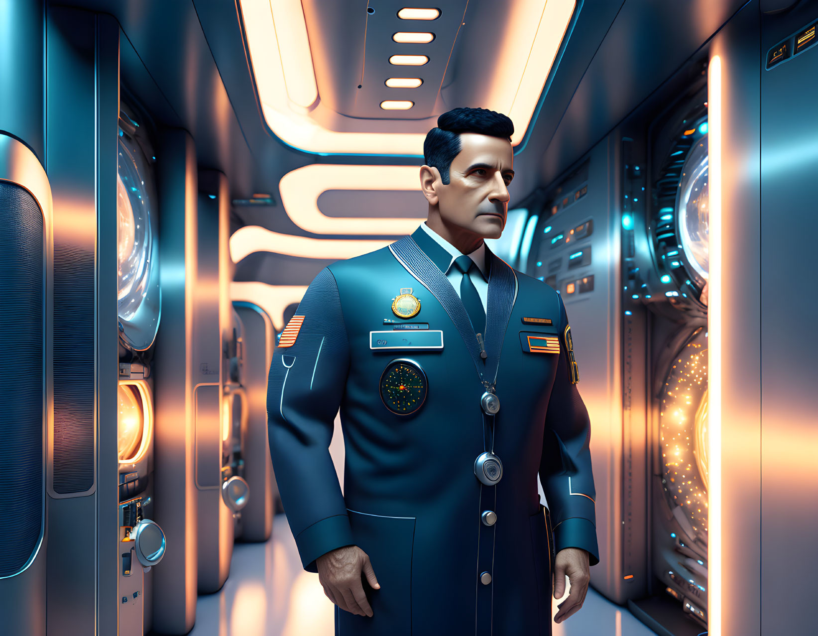 Male astronaut in blue uniform inside futuristic spacecraft corridor