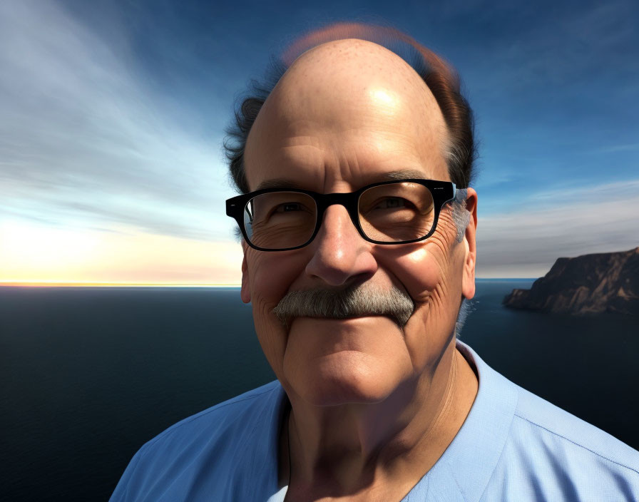 Elderly man with glasses smiling by ocean cliffs