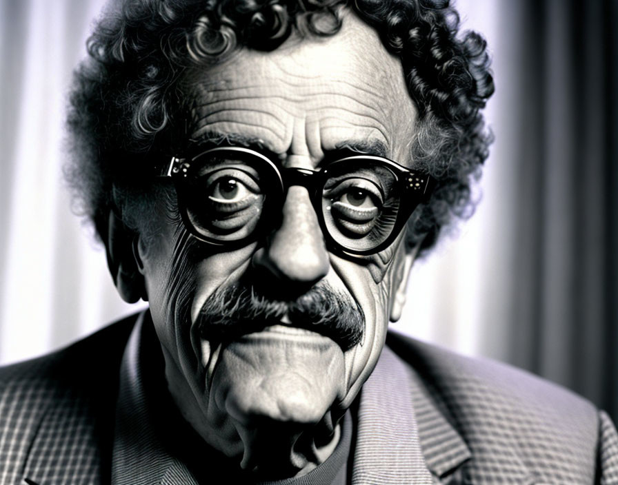 Monochrome portrait of man with curly hair, mustache, round glasses, and suit