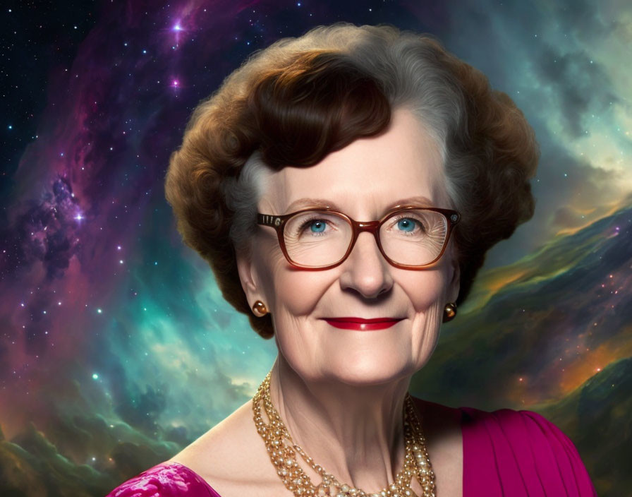 Elderly woman in glasses and pink dress with cosmic background