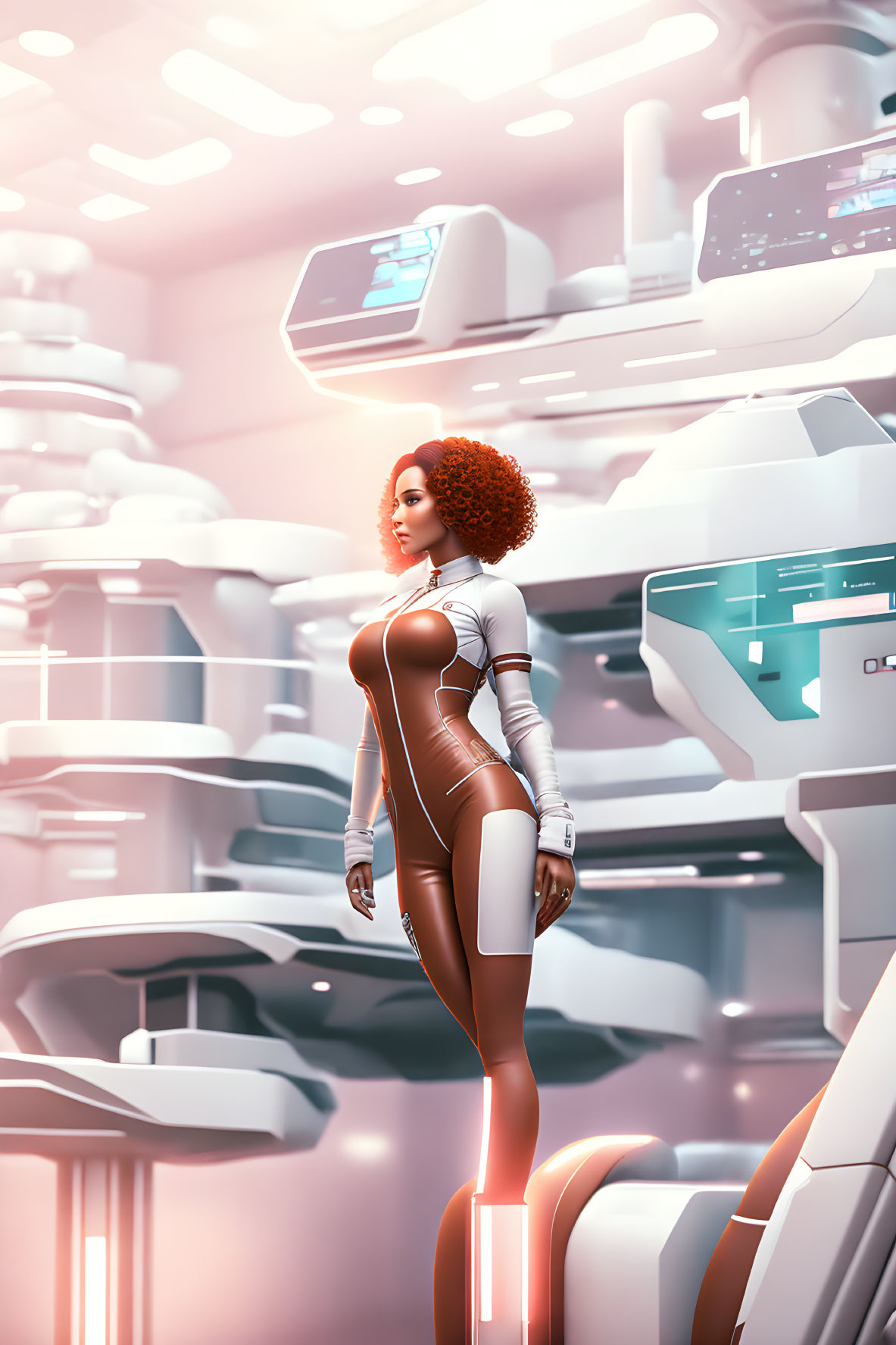 Futuristic woman in high-tech spaceship interior