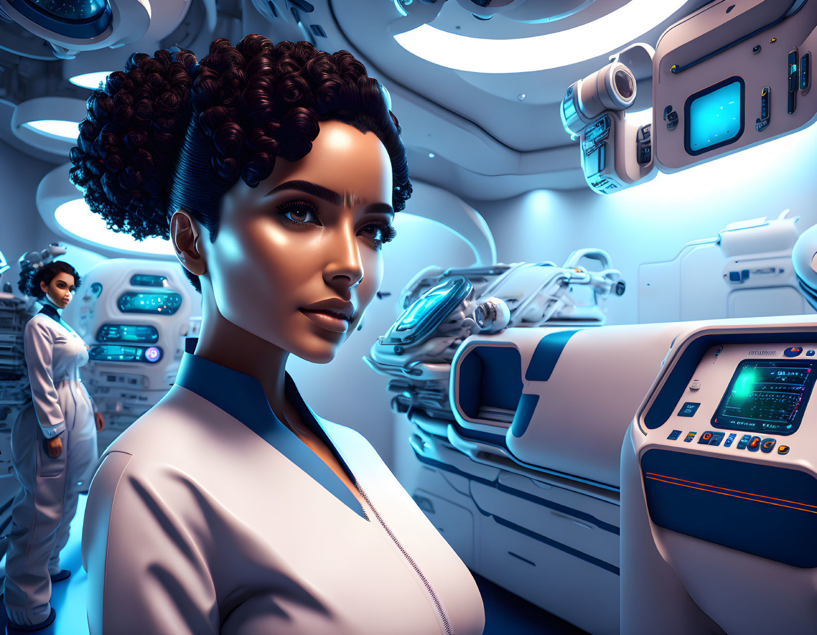 Futuristic digital artwork of two women in high-tech medical facility