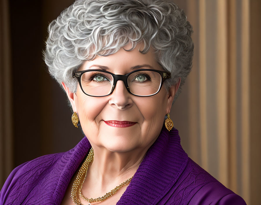 Elderly woman with silver hair in purple outfit and gold jewelry smiling