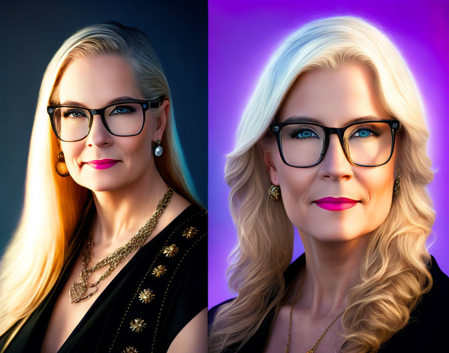 Blonde Woman with Glasses on Blue and Purple Gradient Background