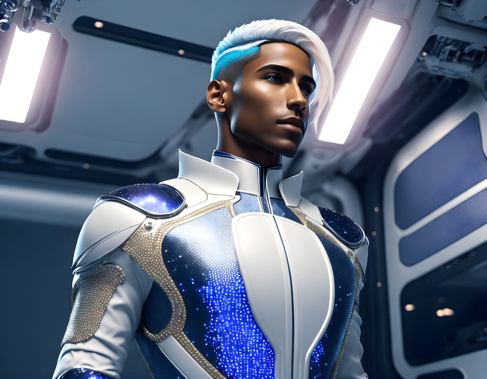 Futuristic male character with glowing blue patterns and white hair in sci-fi setting