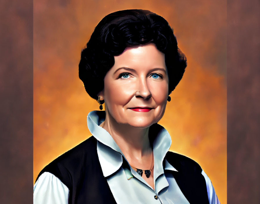 Smiling woman with short dark hair in black vest on warm background