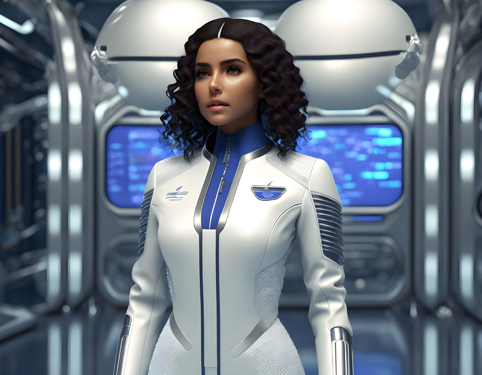 Futuristic woman in white uniform at high-tech control panel