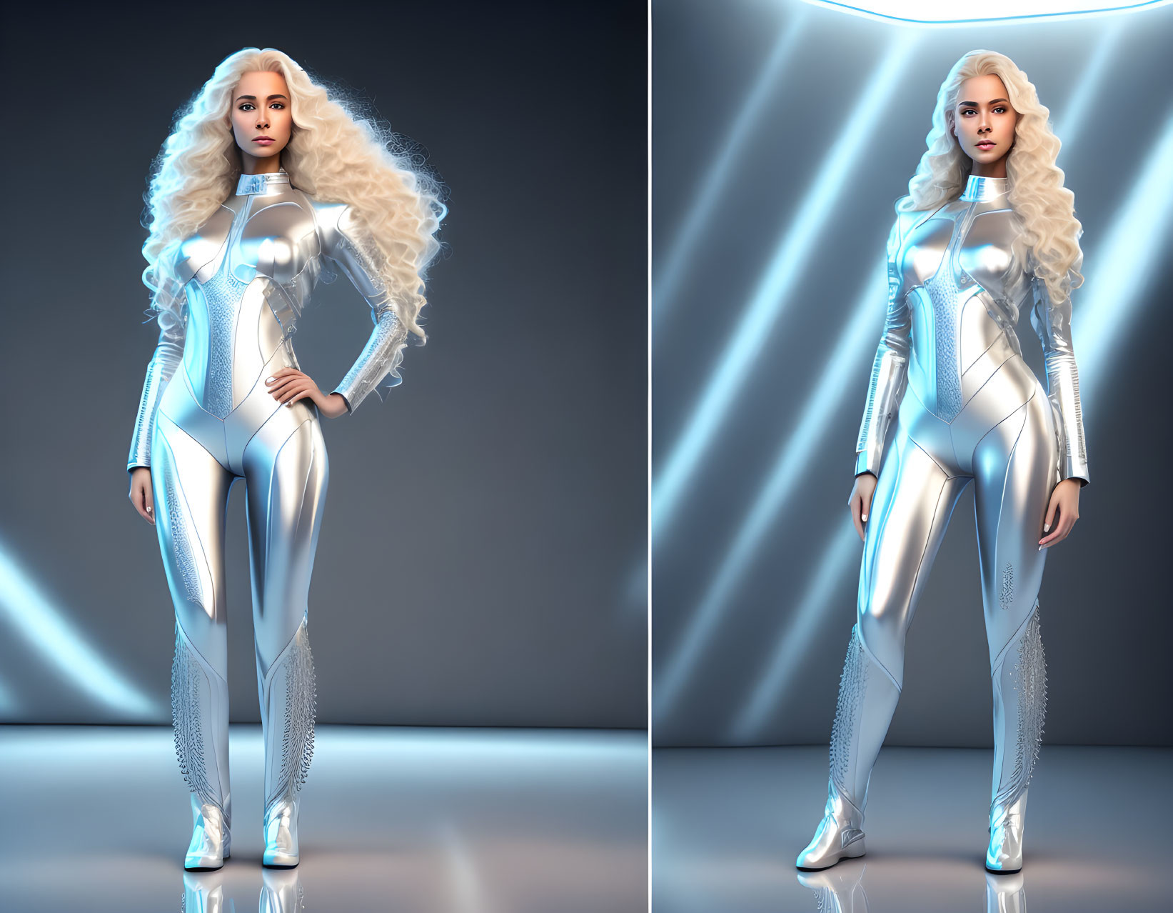 Futuristic female character with long blonde hair in silver bodysuit