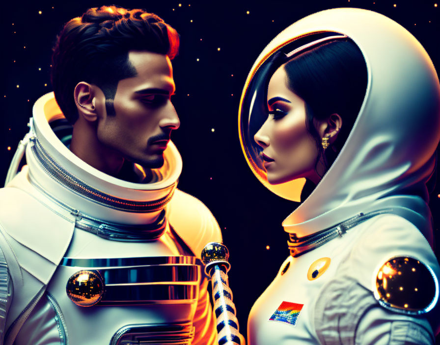 Astronauts in stylish suits gaze romantically in space