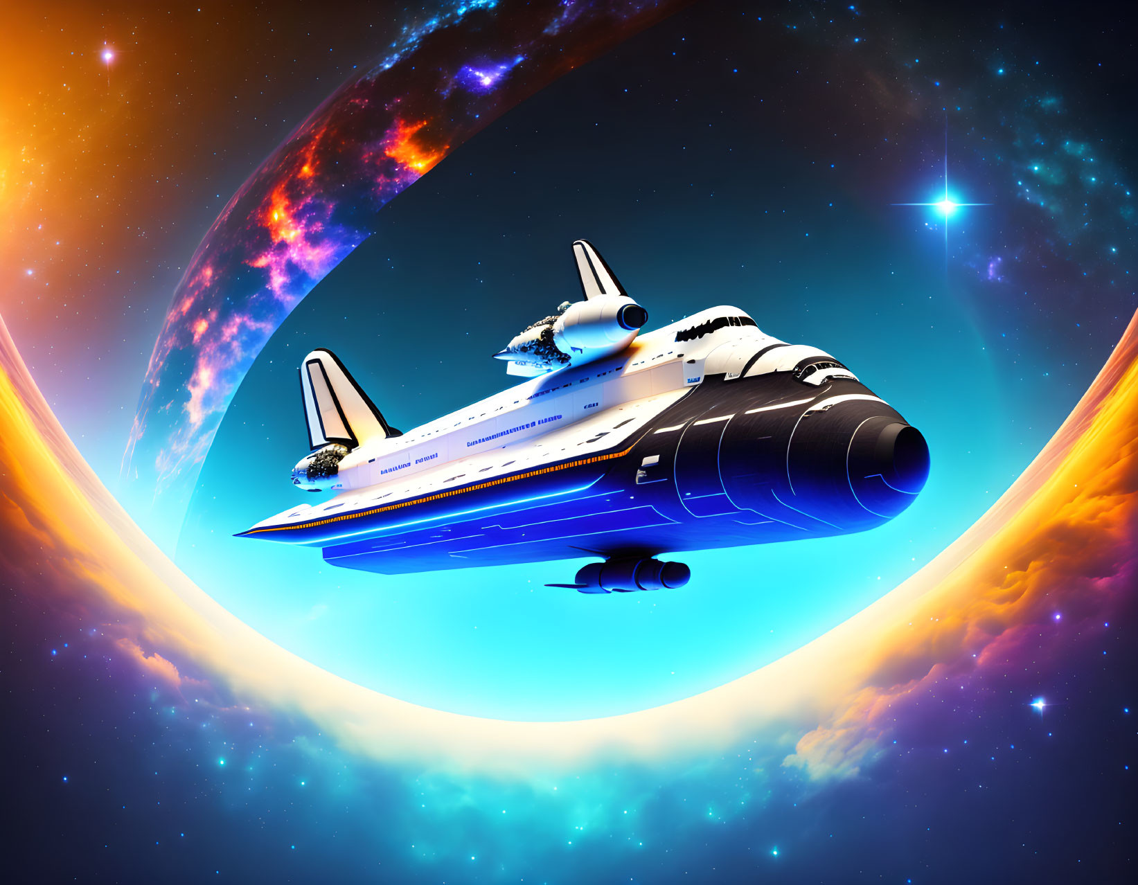 Vibrant space scene with shuttle, glowing planet, ring, and shimmering stars