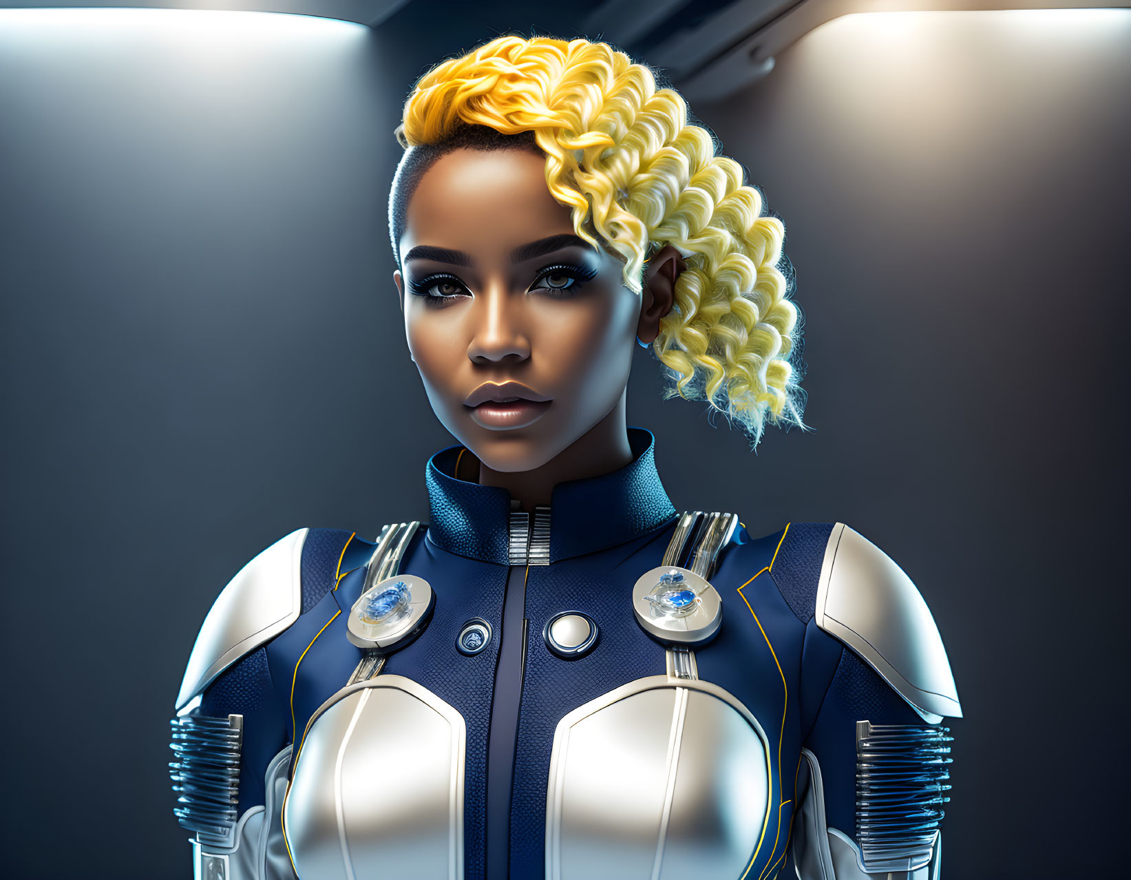 Digital artwork of woman with yellow braided hair in futuristic blue and white suit