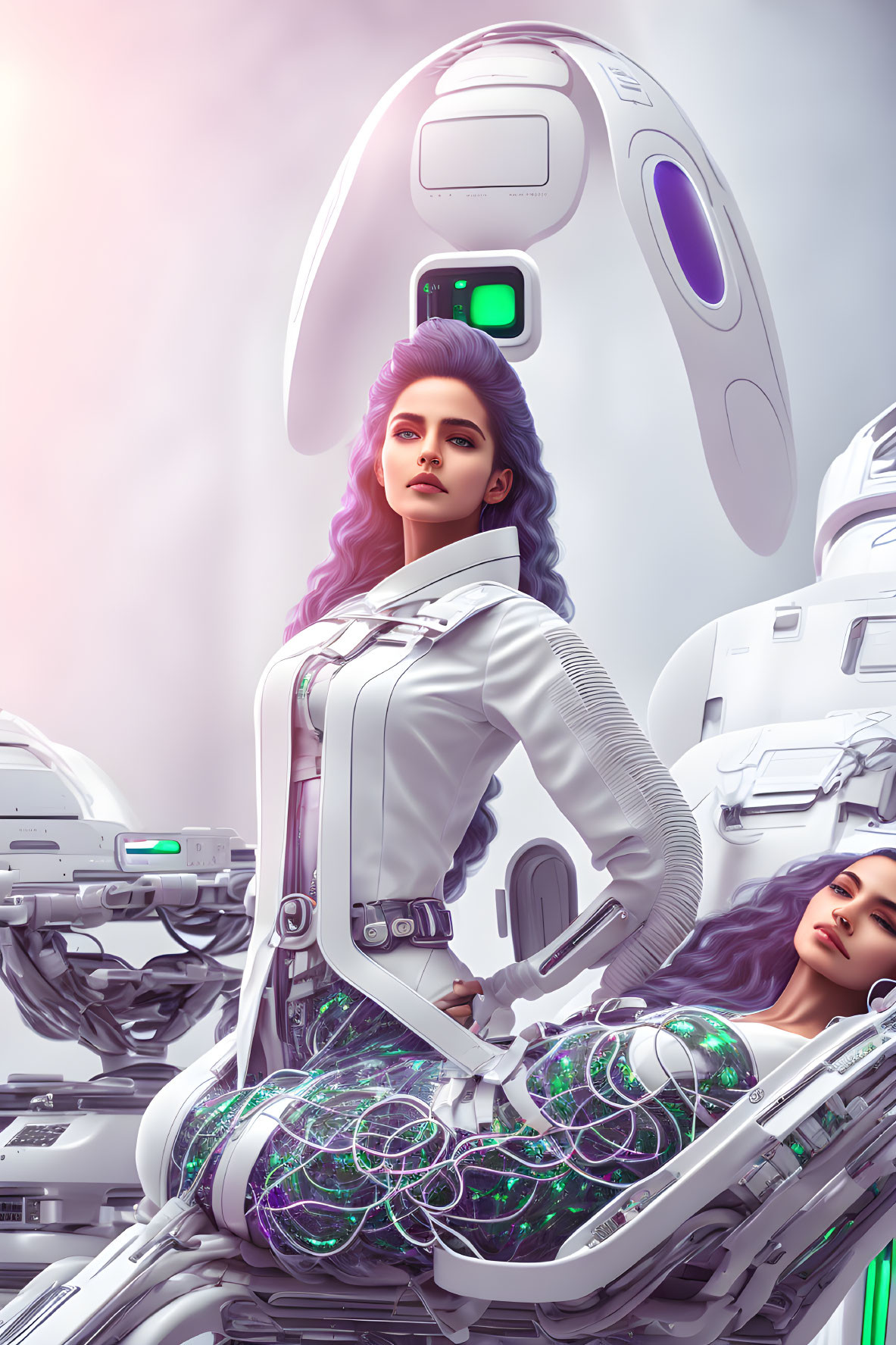 Futuristic woman with purple hair and robotic machinery in white outfit