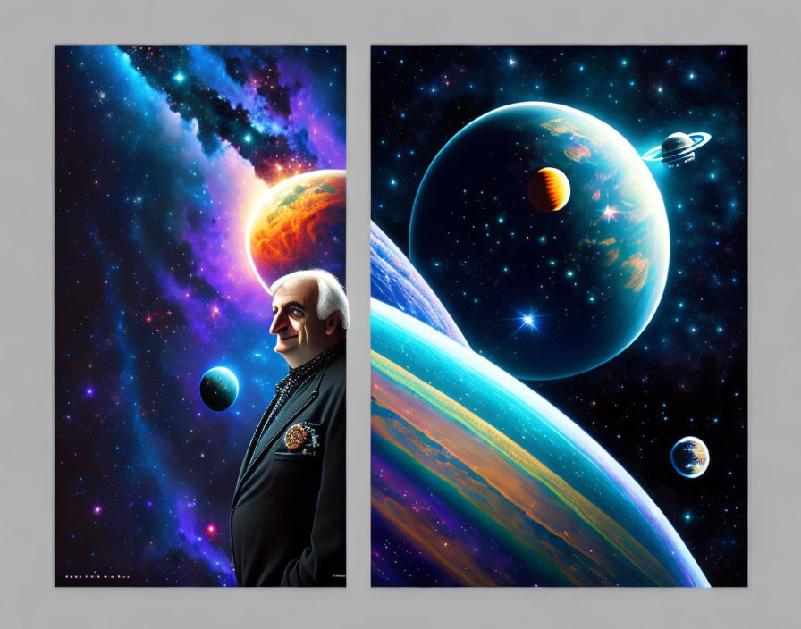 Dual posters featuring man gazing at galactic scene and planets with spaceship.