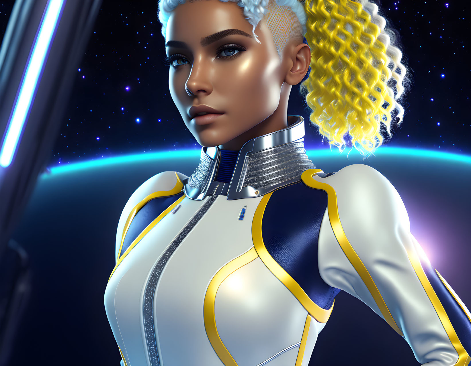 Futuristic woman in white and blue space suit with curly blonde hair