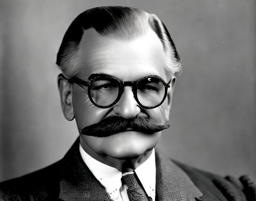 Vintage Black and White Photo of Man with Mustache and Round Glasses