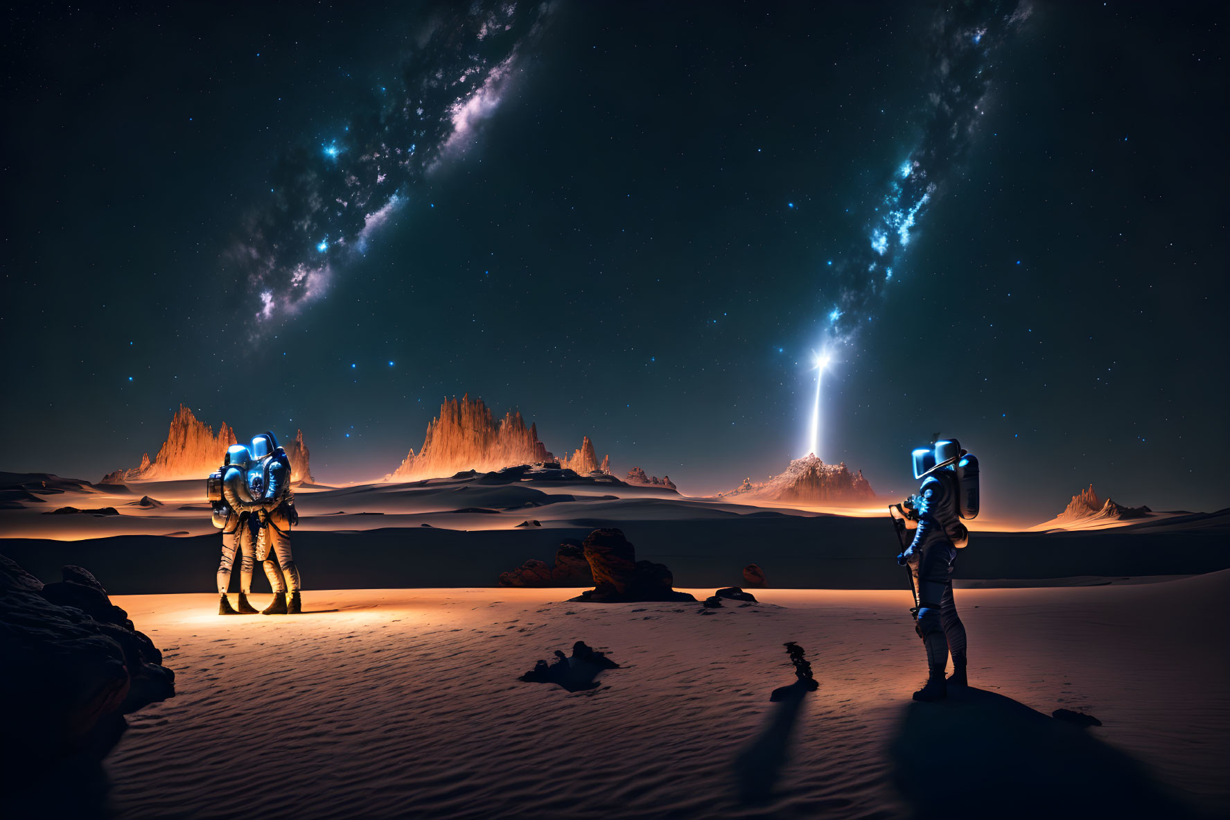 Astronauts under starry sky on rocky desert planet