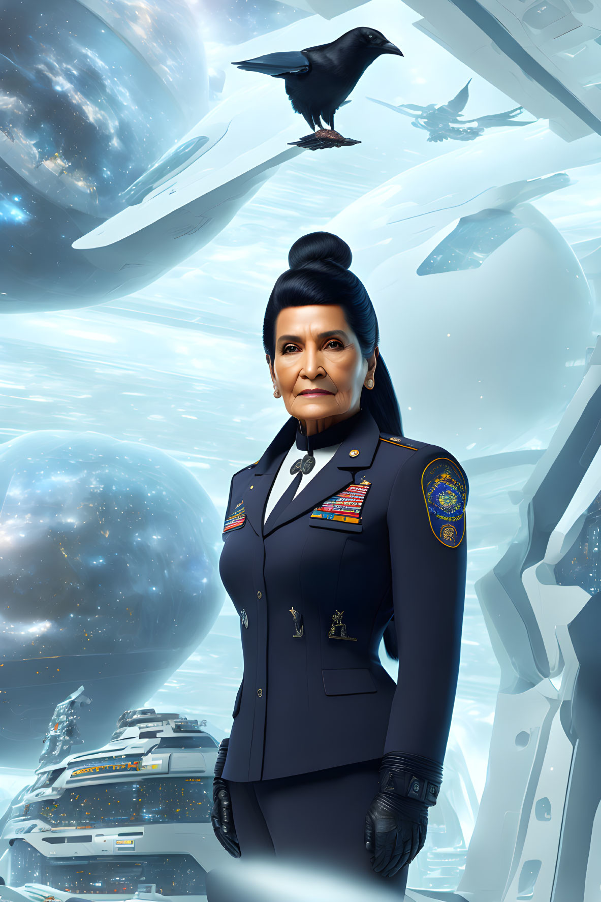 Confident woman in futuristic uniform with spaceships and planets backdrop