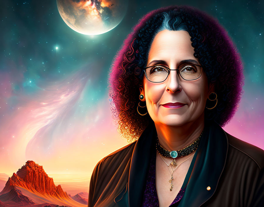 Stylized portrait of woman with curly hair, glasses, and jewelry against cosmic background.