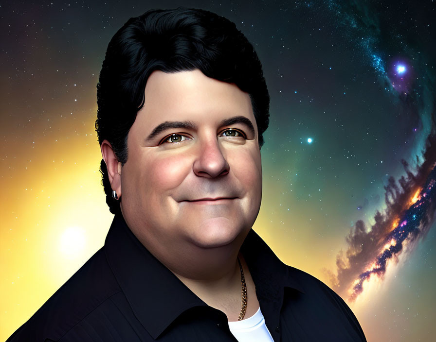 Man with Black Hair Smiling in Cosmic Background