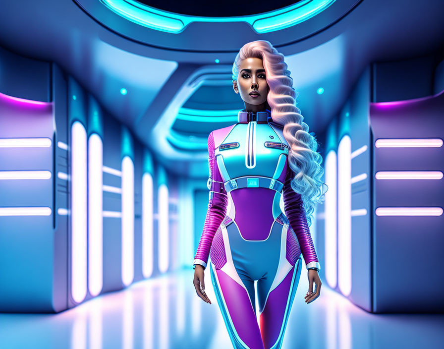 Futuristic 3D Render of Woman with White Hair in Sci-Fi Corridor