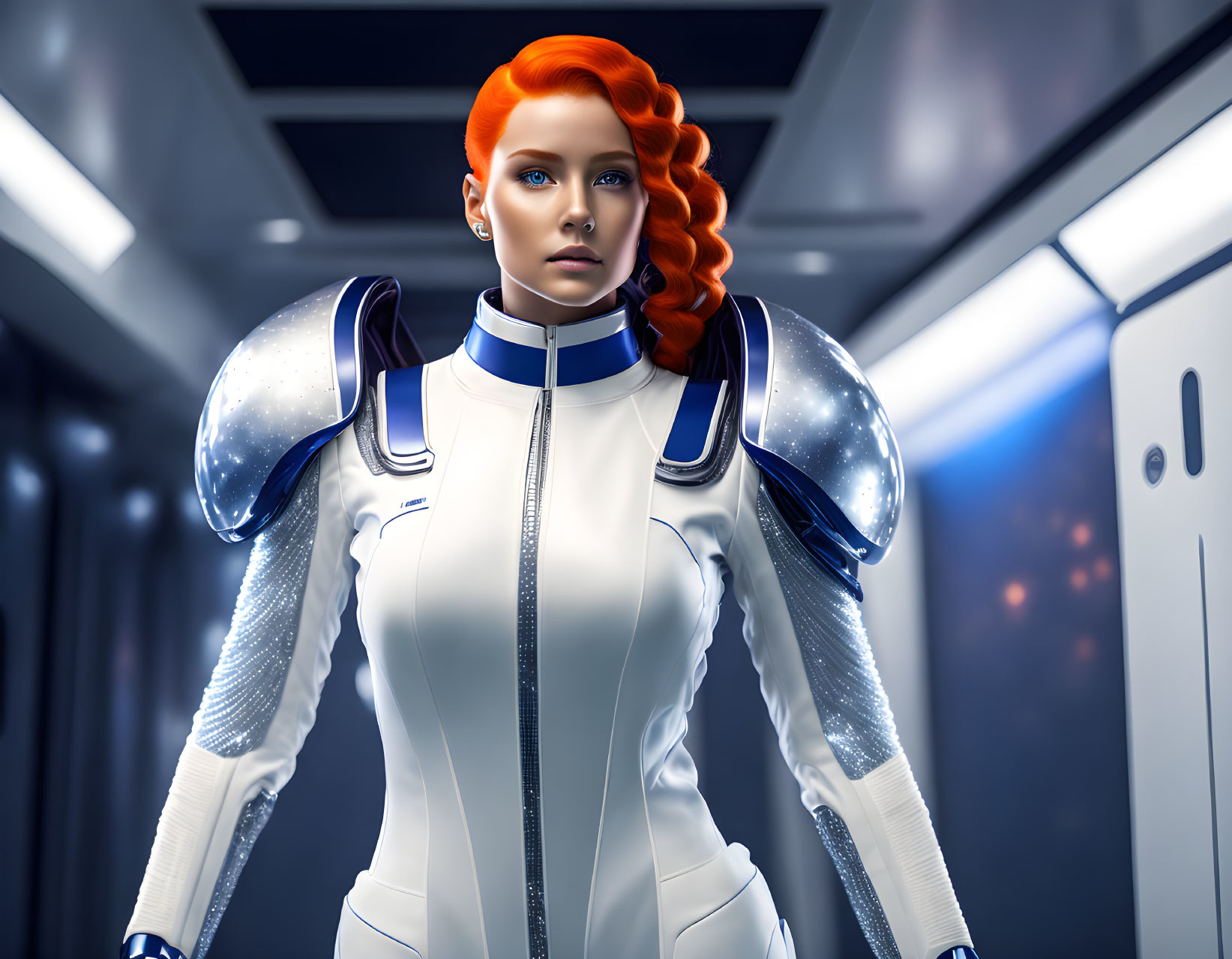 Futuristic 3D-rendered image of female in red hair in white spacesuit