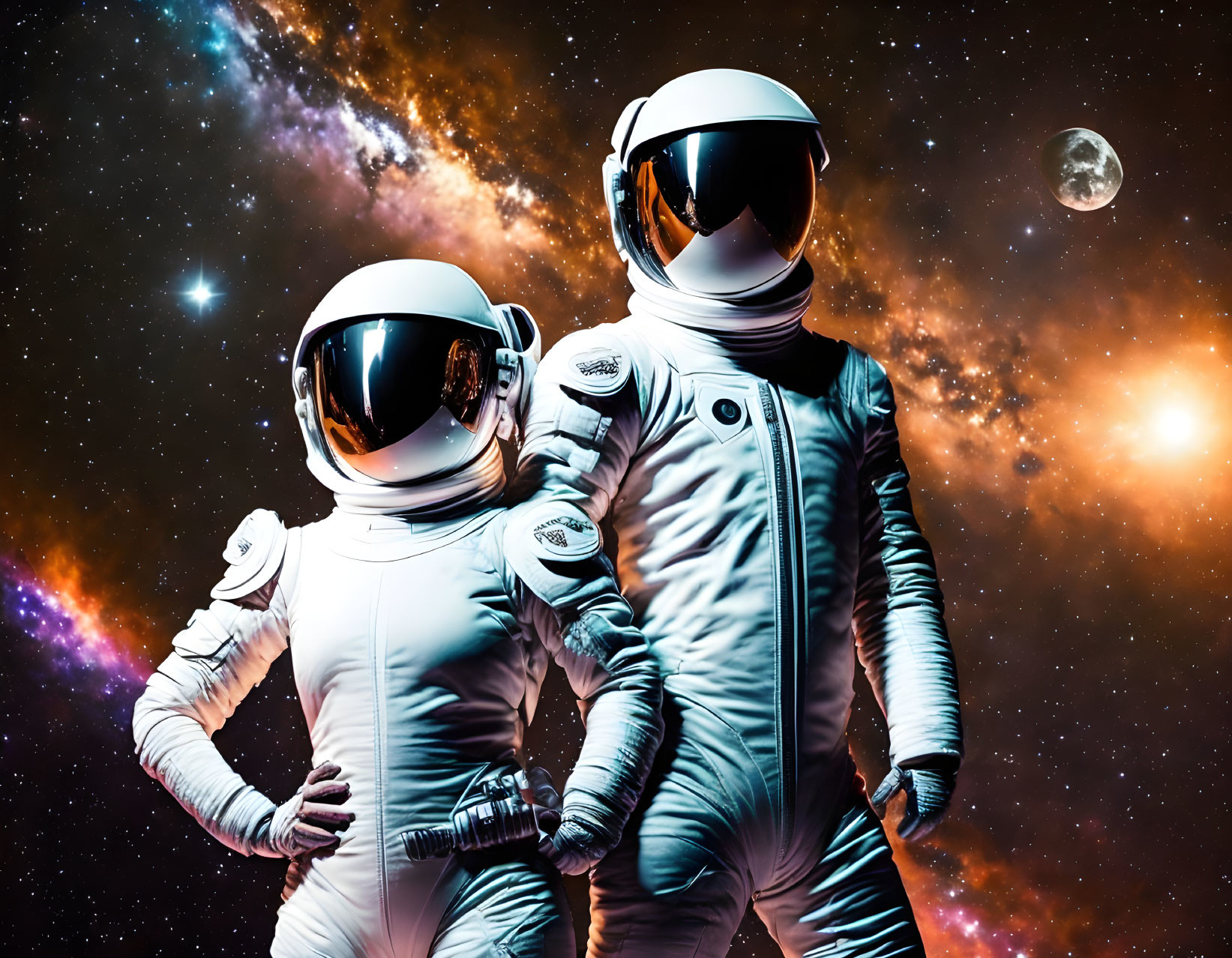 Astronauts in white space suits against cosmic backdrop