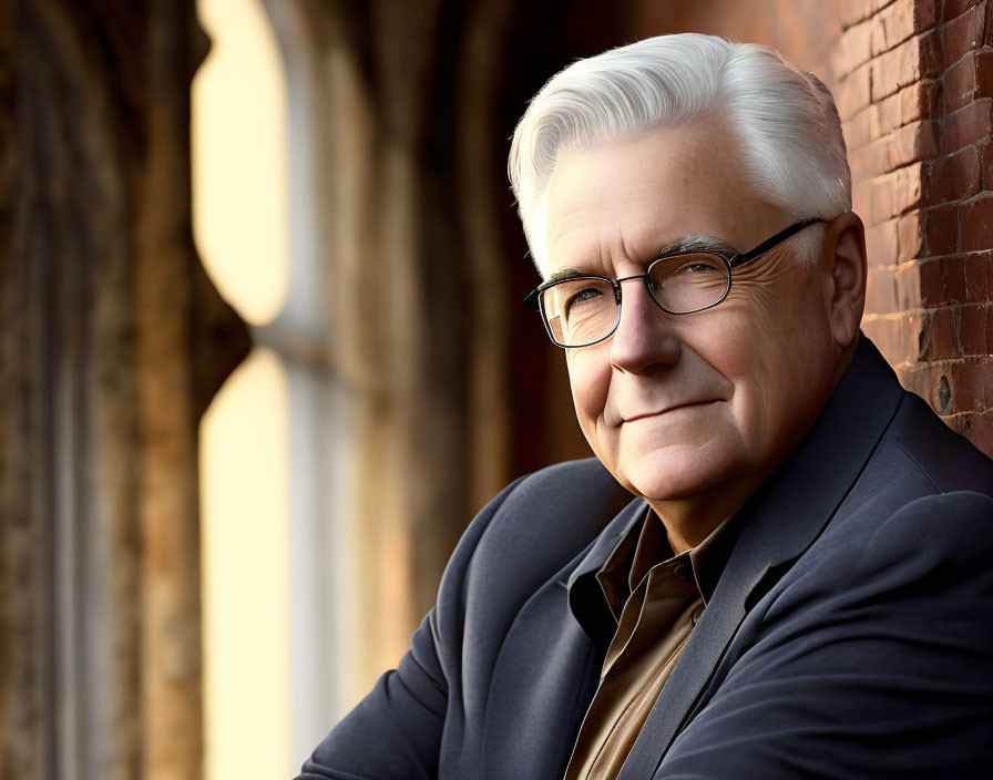 Elderly Man in Dark Suit Leaning Against Brick Wall