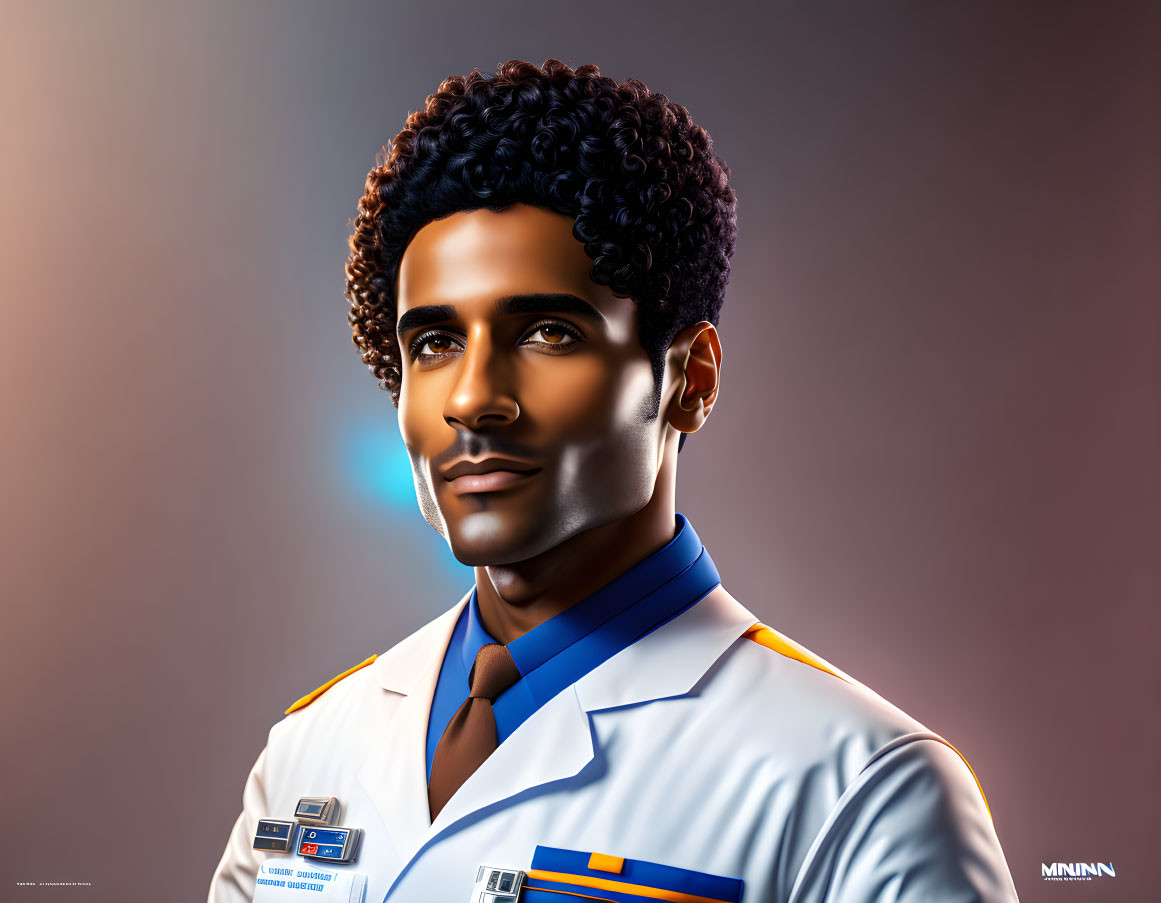 Man with Curly Hair in White & Blue Futuristic Uniform on Gradient Background