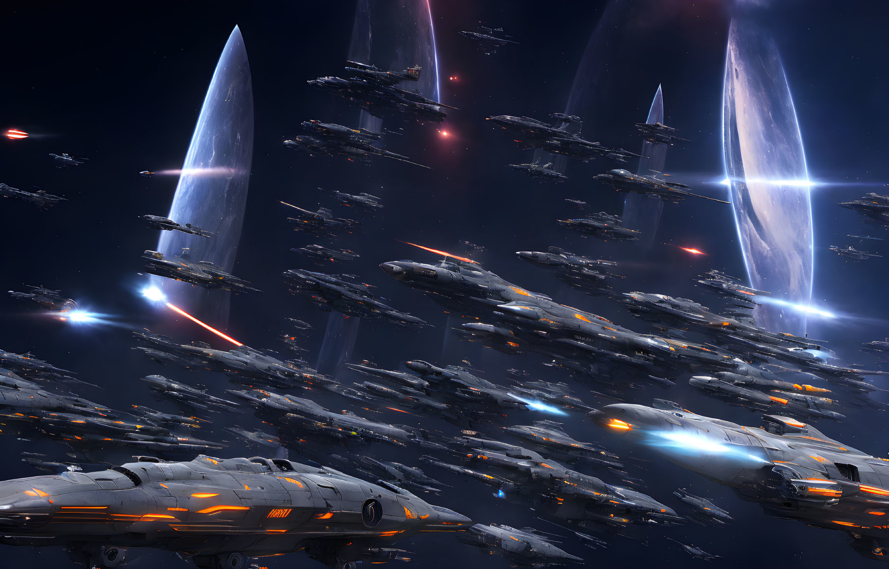 Futuristic armada of spaceships near glowing energy pillars in space