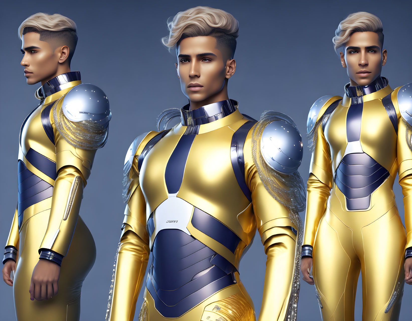 Three individuals in futuristic gold and silver armor suits with stylized shoulder pads against blue backdrop