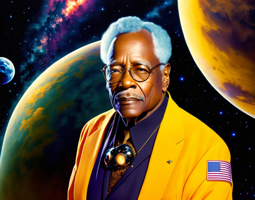 Elderly man in yellow suit with cosmic background