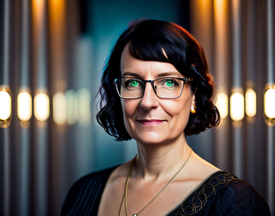 Smiling woman portrait with glasses and dark hair