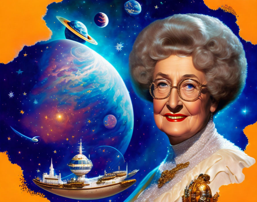 Elderly woman portrait with white hair and glasses in space setting