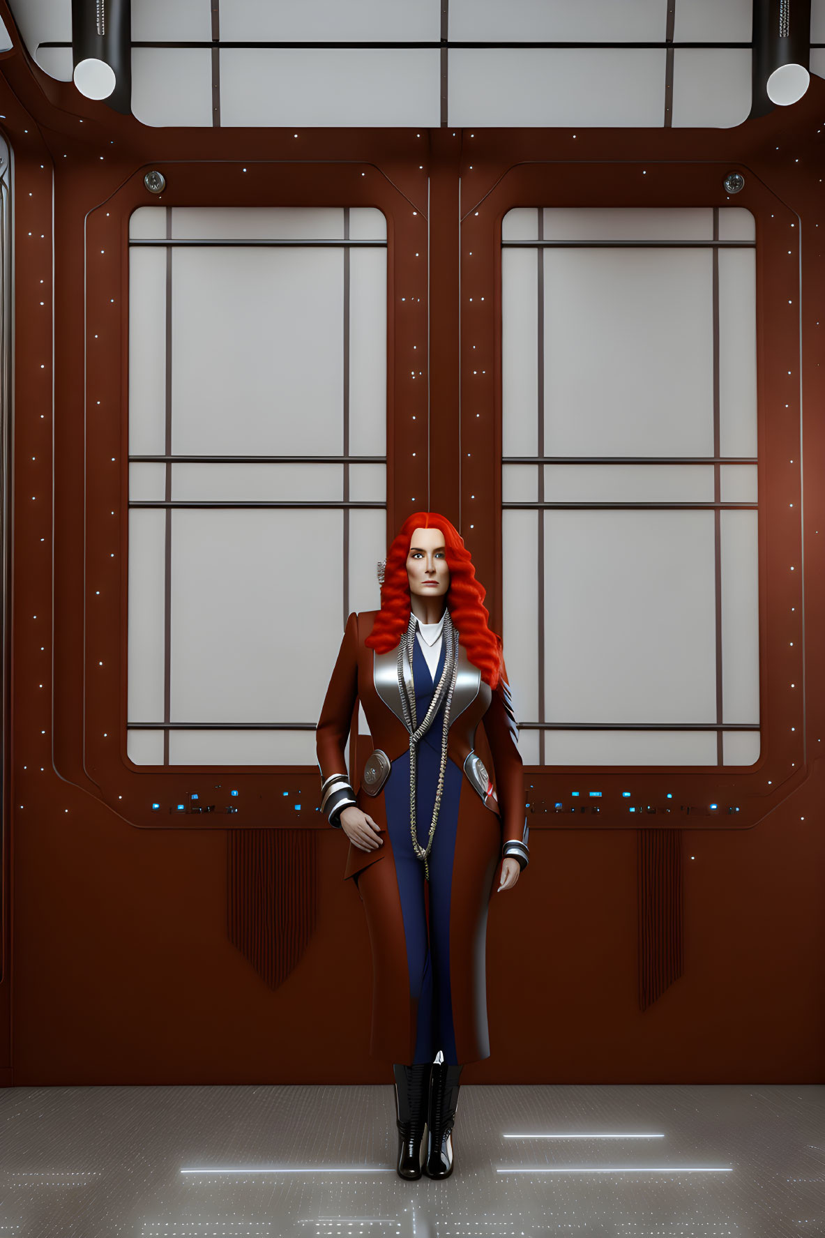 Futuristic 3D Rendered Image: Woman with Red Hair in Spaceship