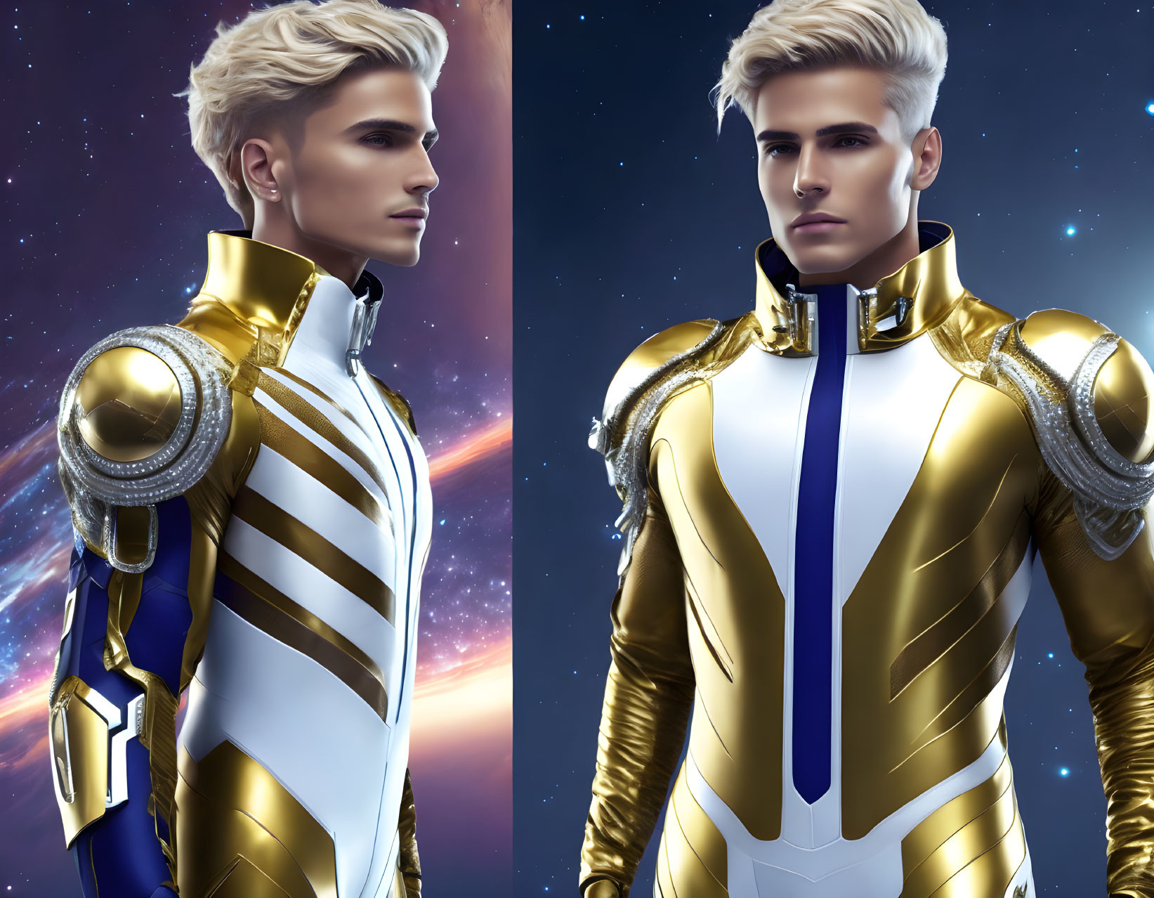 Futuristic male character in white and gold spacesuit