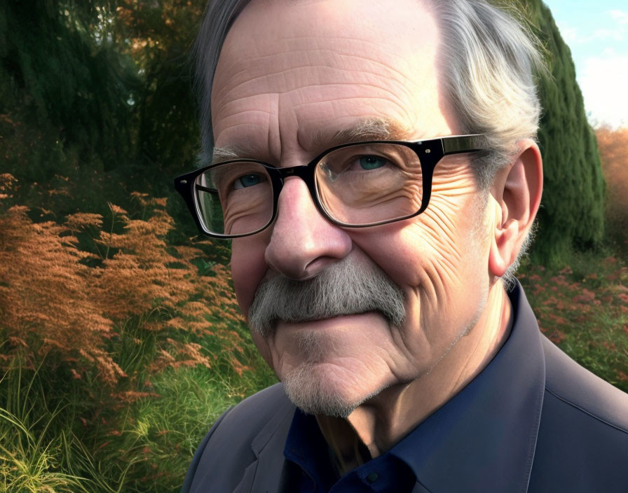 Elderly man smiling in garden with trees and shrubs