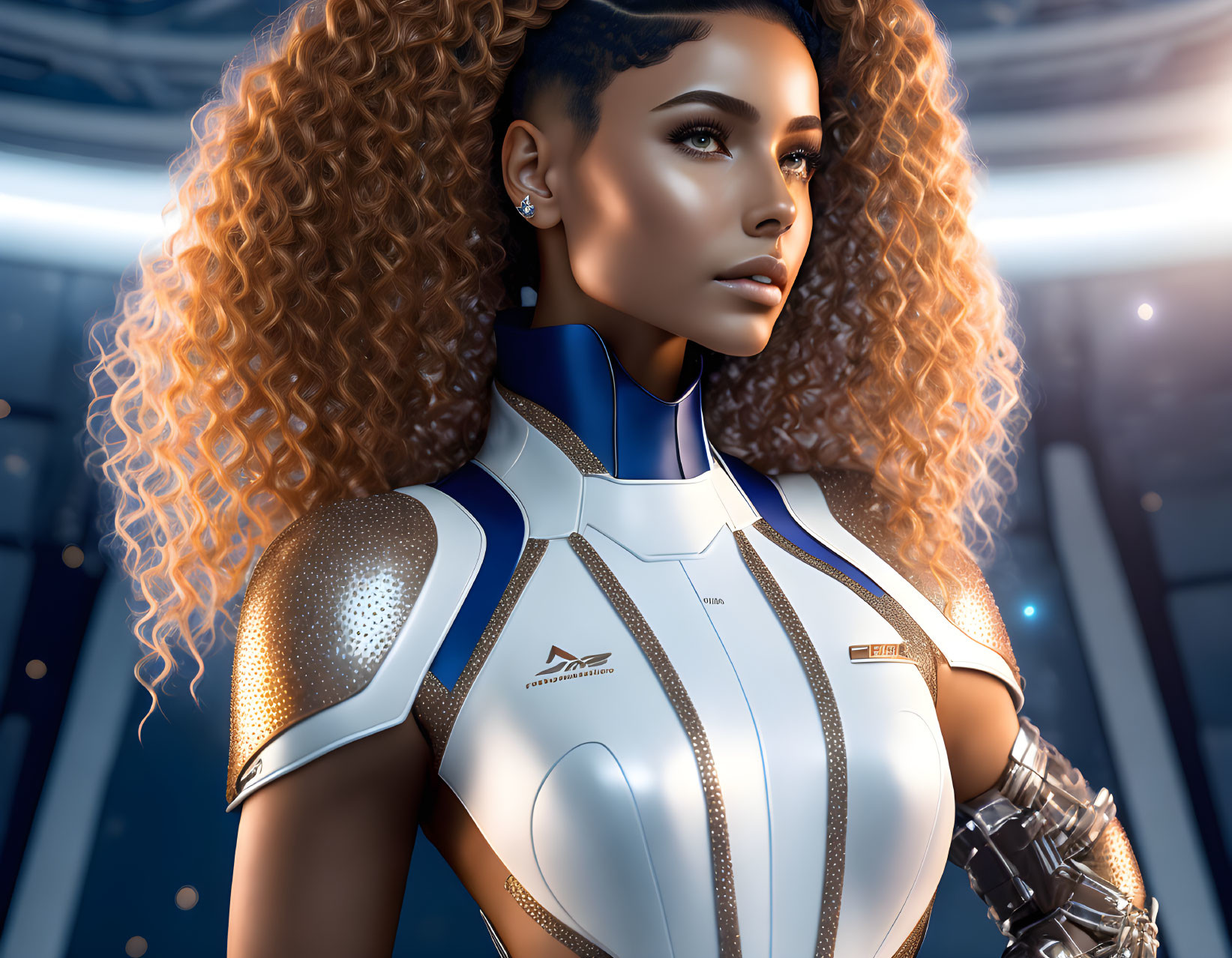 Futuristic 3D illustration of woman in advanced white and blue suit