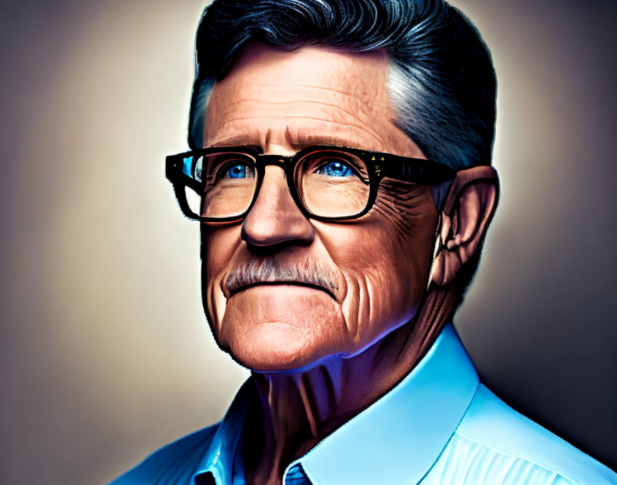 Mature male portrait with greying hair, mustache, black-frame glasses, light blue shirt on