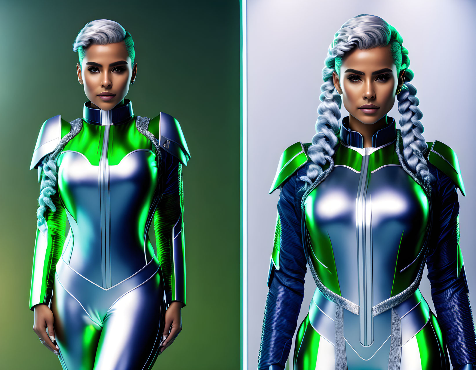 Futuristic woman in blue and green bodysuit with metallic armor poses against dual backdrops